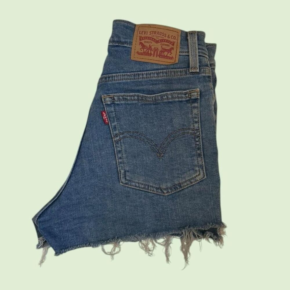 Levis High Rise Denim Cutoff Shorts Medium Wash Distressed Frayed Hem‎ 24